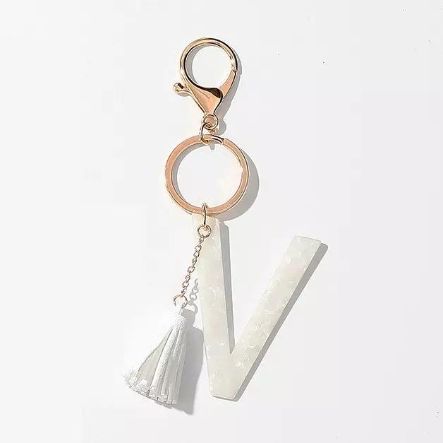 Tasseled Initial Key Chain, White, Prepack