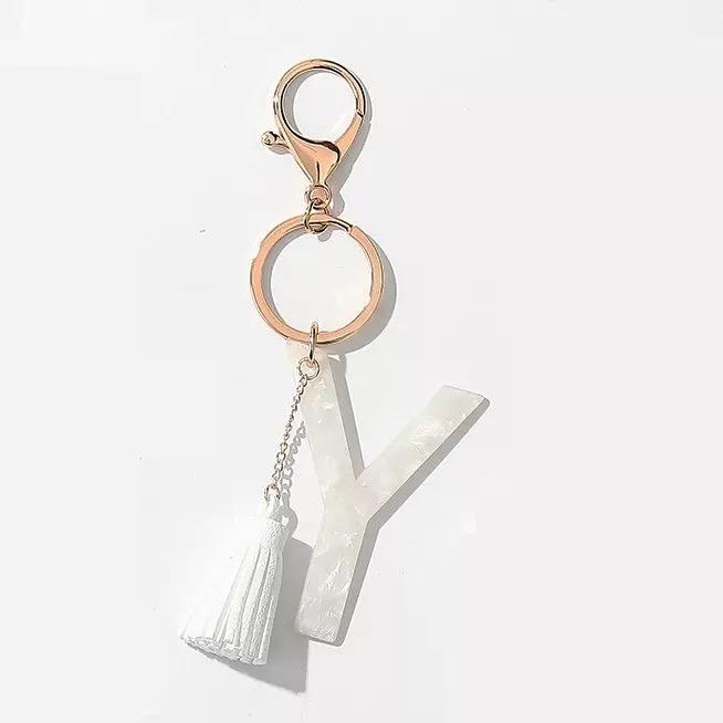 Tasseled Initial Key Chain, White, Prepack
