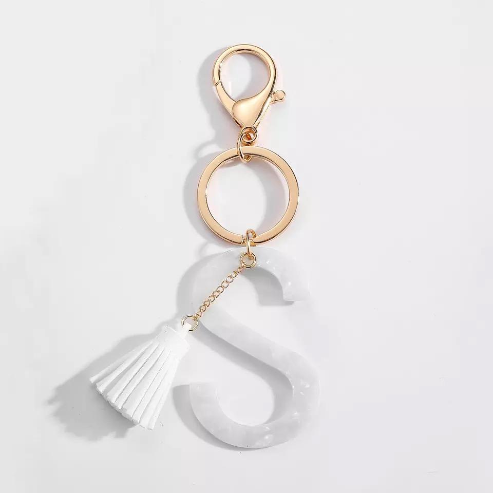 Tasseled Initial Key Chain, White, Prepack