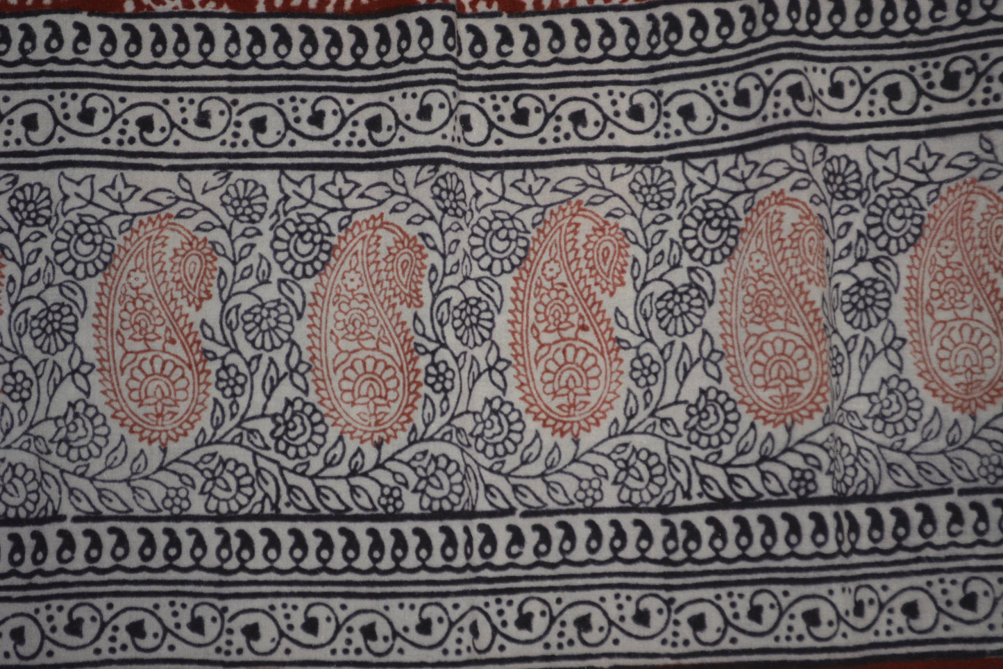 Red and Black Paisely Design Hand Block Printed Naturally Dyed Textiles