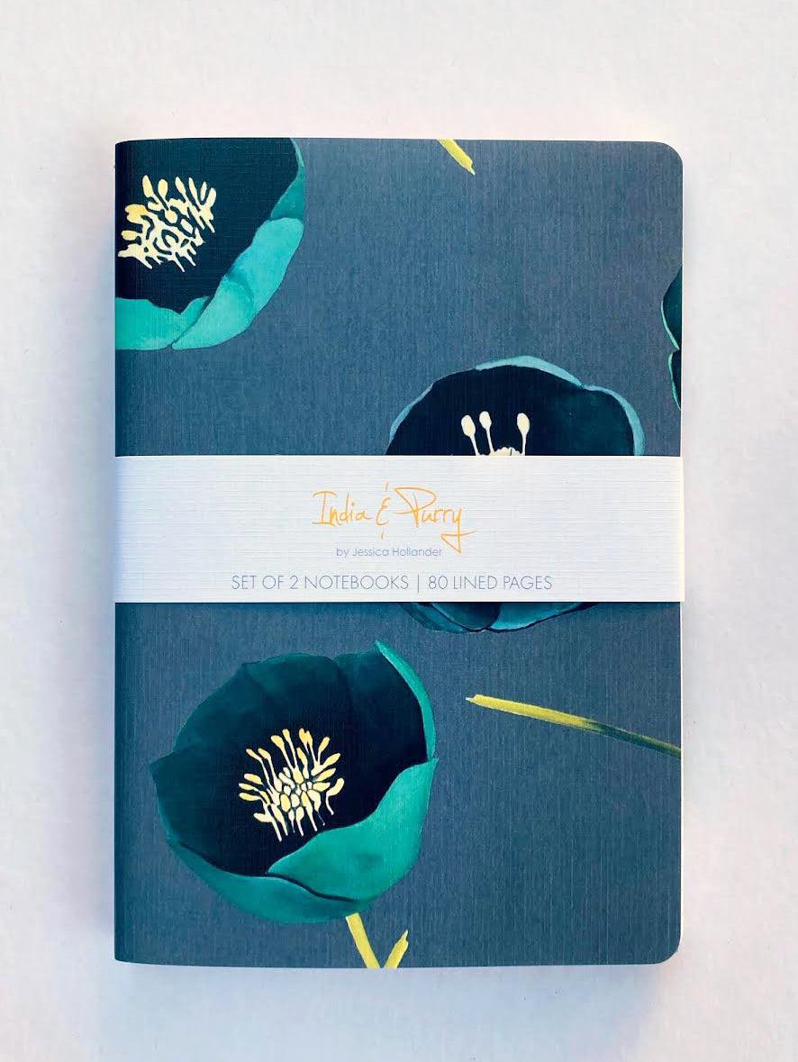 Notebook Set: Green Winter Rose & White Poppies on Emerald