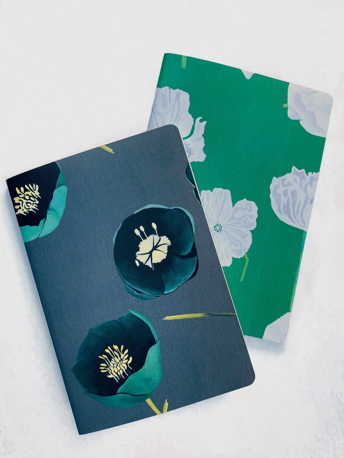 Notebook Set: Green Winter Rose & White Poppies on Emerald