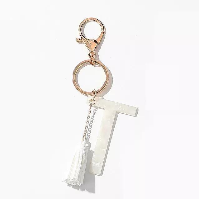 Tasseled Initial Key Chain, White, Prepack