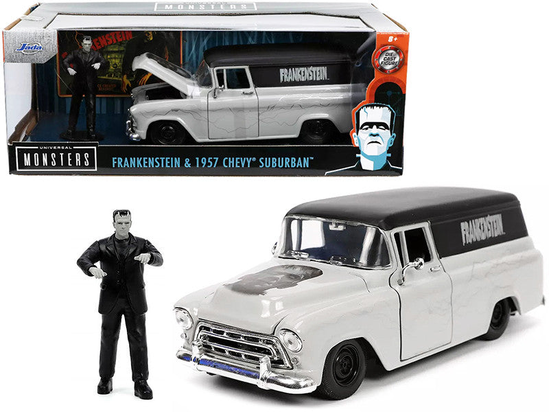 1957 Chevrolet Suburban Gray and Black with Graphics and Frankenstein Diecast Figurine 