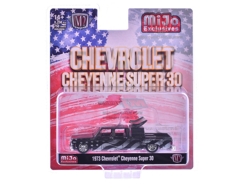 1973 Chevrolet Cheyenne Super 30 Pickup Truck Black with American Flag Graphics Limited Edition to 8250 pieces Worldwide 1/64 Diecast Model Car by M2 Machines