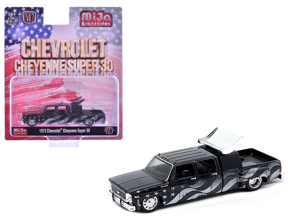 1973 Chevrolet Cheyenne Super 30 Pickup Truck Black with American Flag Graphics Limited Edition to 8250 pieces Worldwide 1/64 Diecast Model Car by M2 Machines