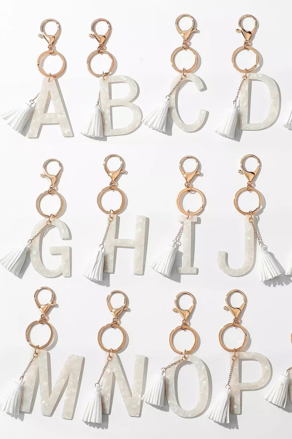 Tasseled Initial Key Chain, White, Prepack