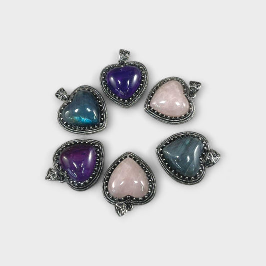 Heart Gemstone Pendant 26x26mm (1pc) Amethyst, Rose Quartz, Labradorite-0