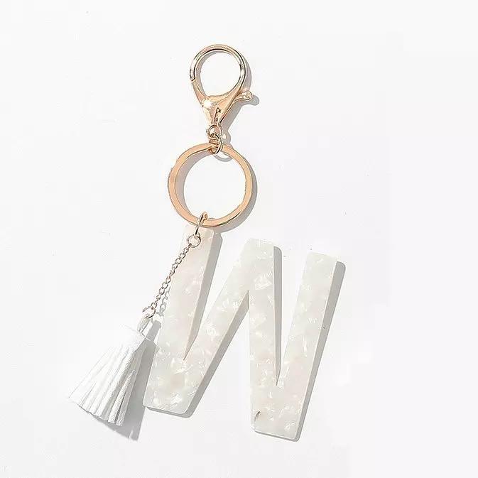 Tasseled Initial Key Chain, White, Prepack