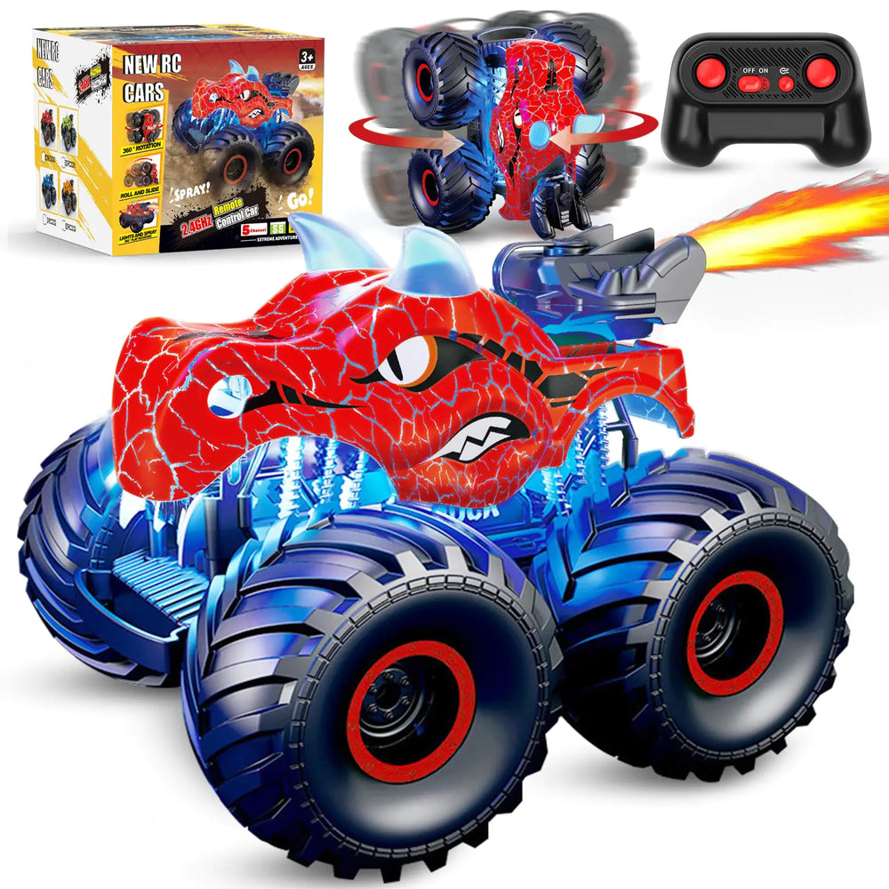 Kidcia Remote Control Dinosaur Car 2.4GHz RC Monster Trucks for Boys with Spray Light & Sound All Terrain RC Cars with 2 Batteries Dinosaur Toys for Kids 3 4 5 6 7 8 Christmas Birthday Gift