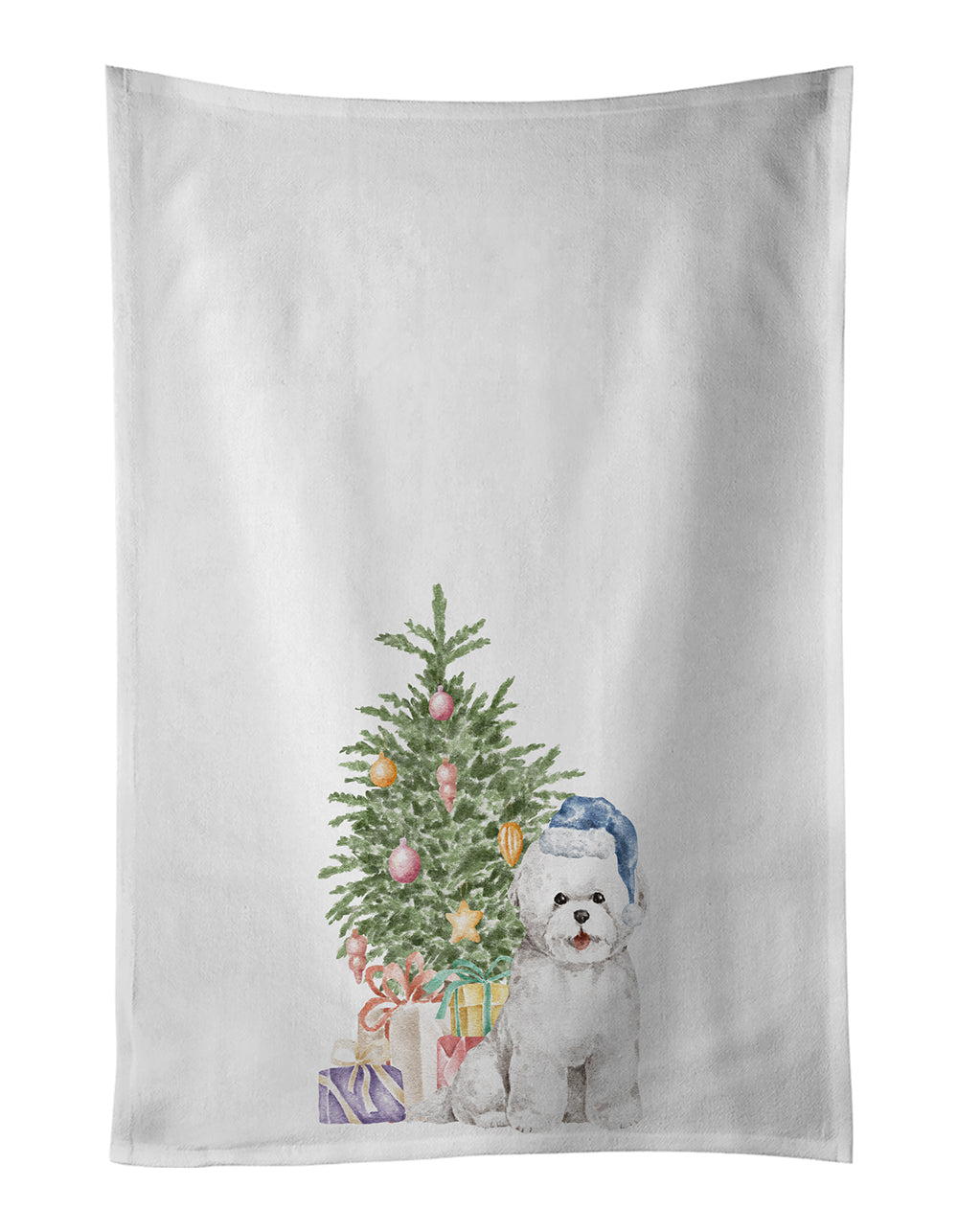 Bichon Frise Blue Hat Christmas Presents and Tree Kitchen Towel Set of 2