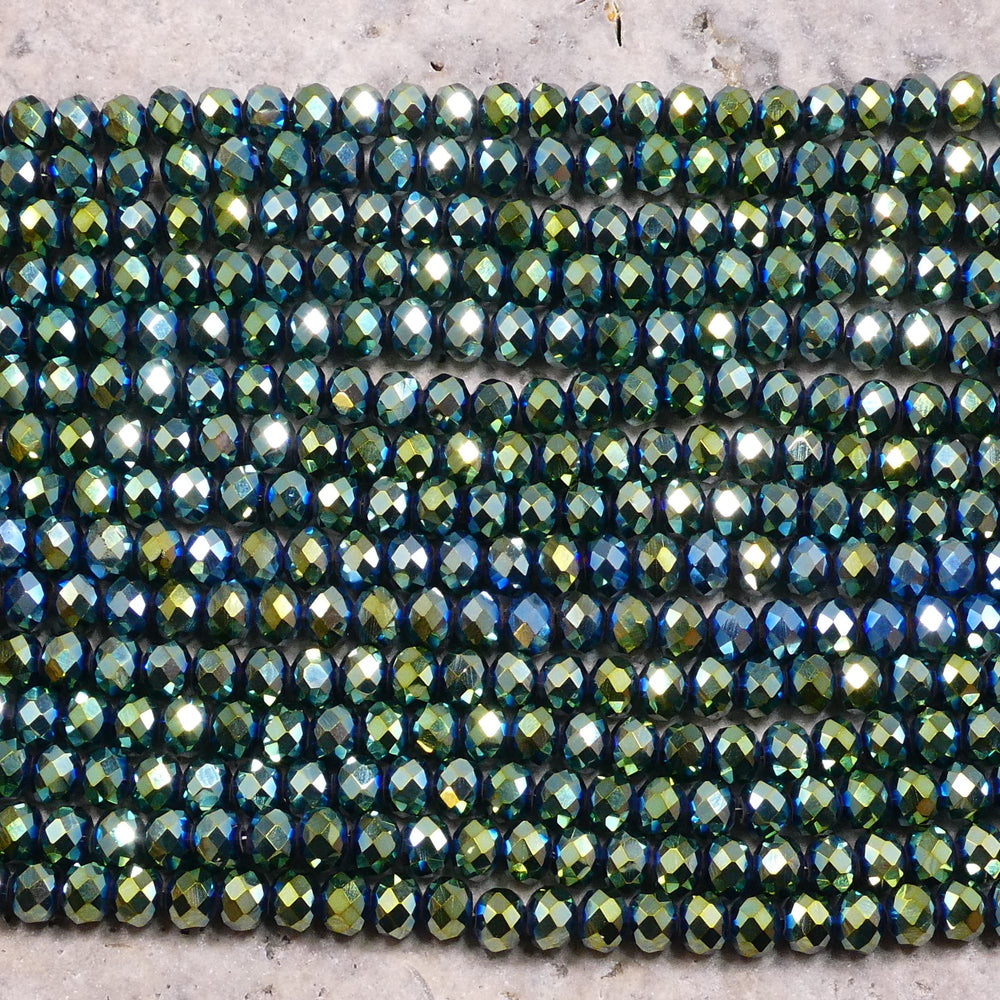 Crystal Faceted Rondelle Metallic Green Iris, 2mm 4mm 6mm 8mm