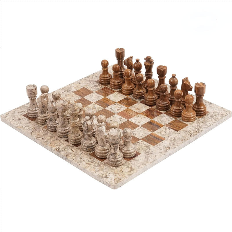 Fossil Coral and Dark Brown 15 Inches High Quality Marble Chess Set