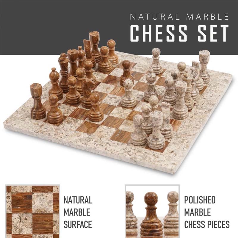 Fossil Coral and Dark Brown 15 Inches High Quality Marble Chess Set