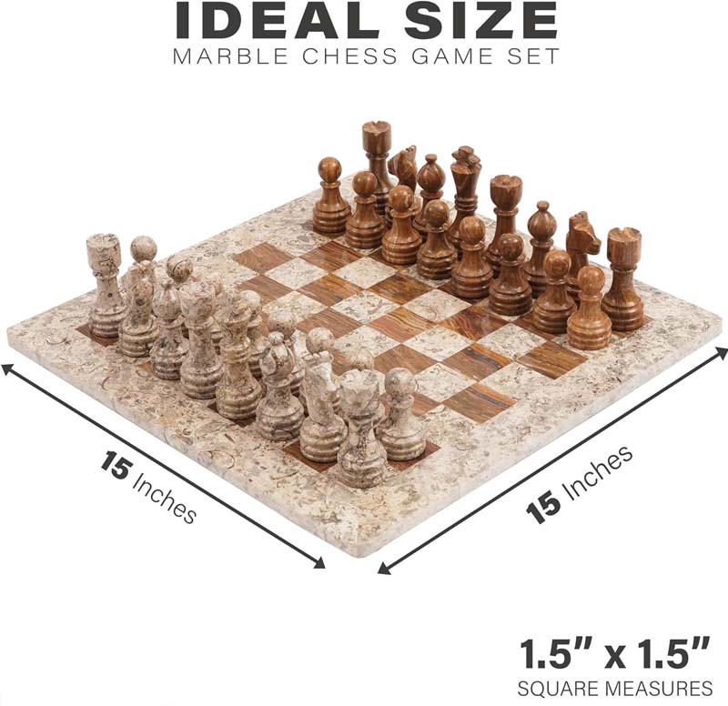 Fossil Coral and Dark Brown 15 Inches High Quality Marble Chess Set