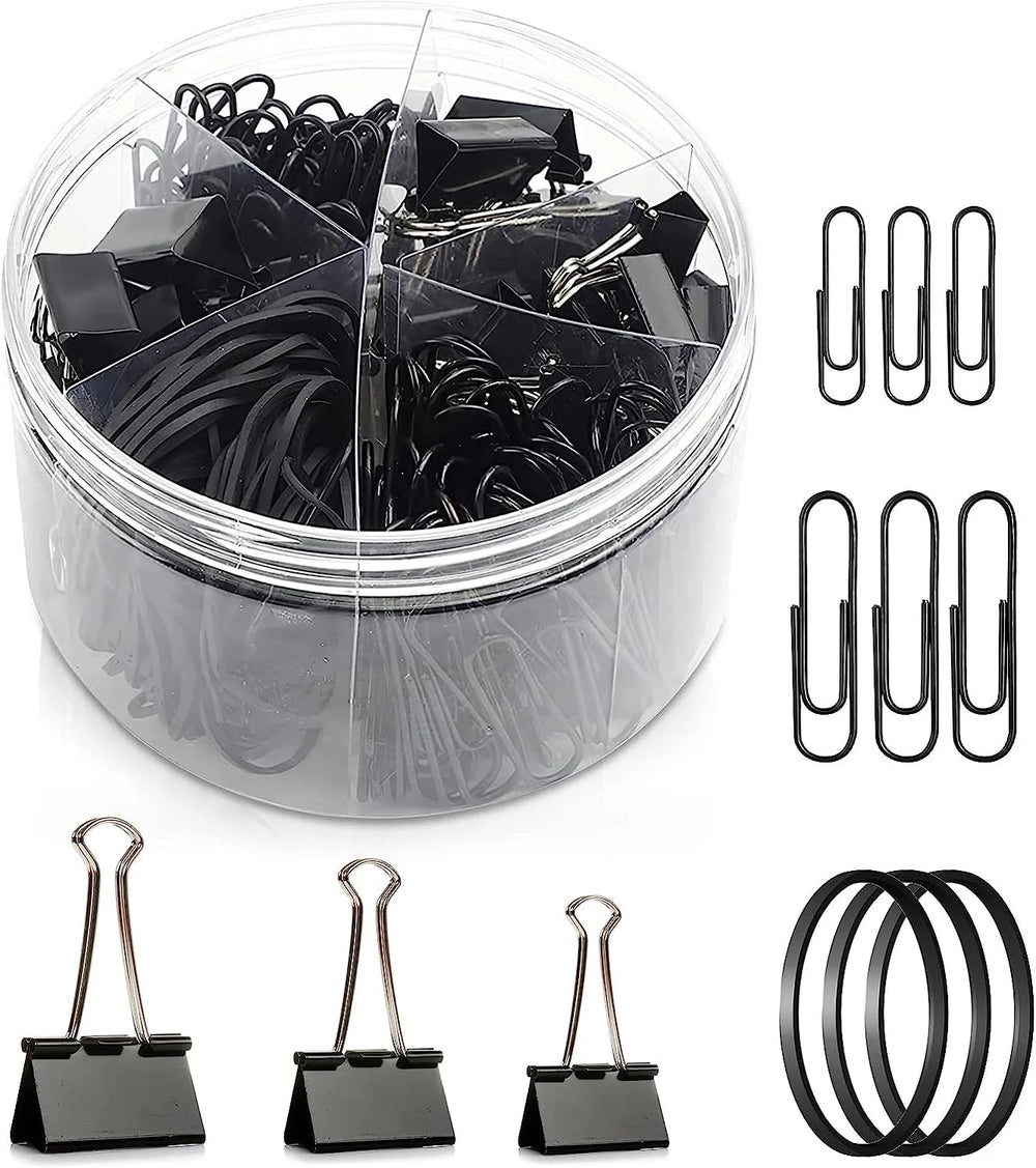 240pc Black Paper Clips, Rubber Band, Binder Clips Stationery Set