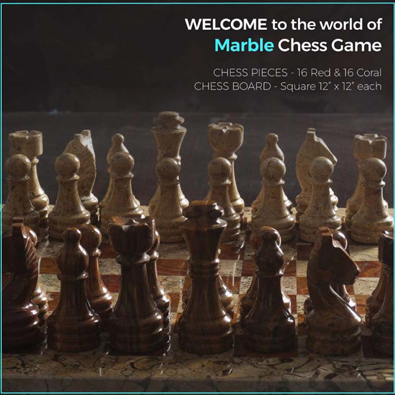 Coral and Red 12 Inches Premium Quality Marble Chess Set
