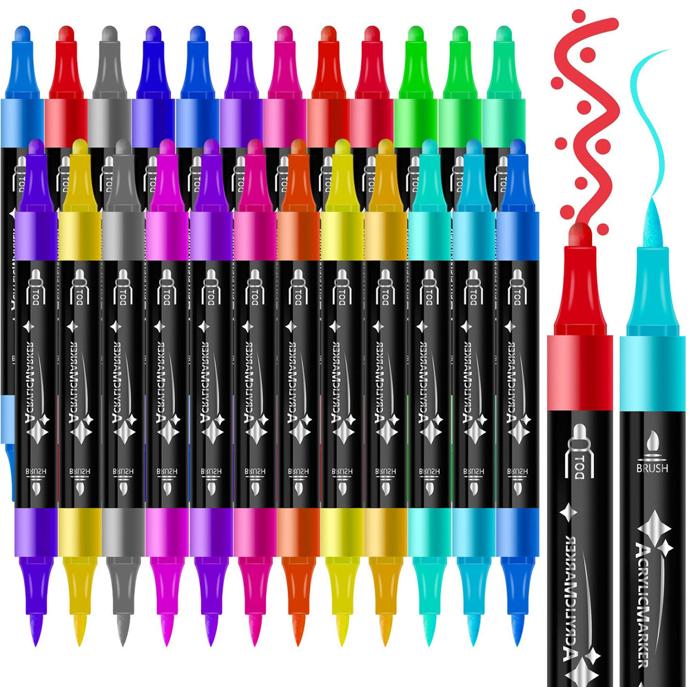 NNEDSZ 24-Color Dual-Tip Acrylic Marker Set - Fine and Brush Tip for Art Projects and DIY Crafts