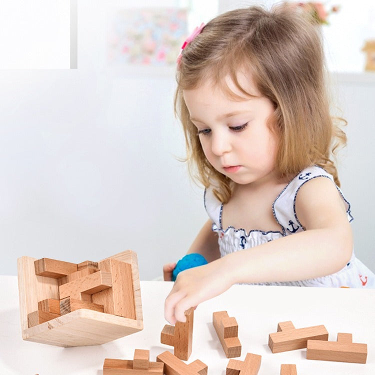 NNEDSZ Wooden Brain Teaser Puzzle - 3D Cube Puzzle Game for Adults and Kids - Natural Wood Block Puzzle (2.75 Inches)