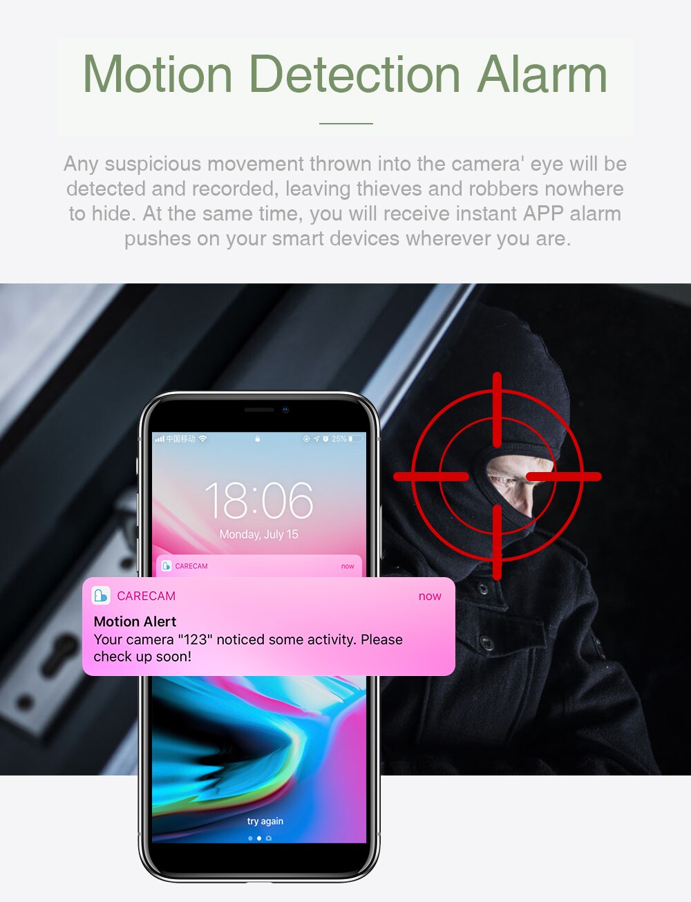 Trådløst sikkerhedskamera 1080P nattesyn, bevægelsesdetektion, aktivitetsalarm, afskrækkende alarm 