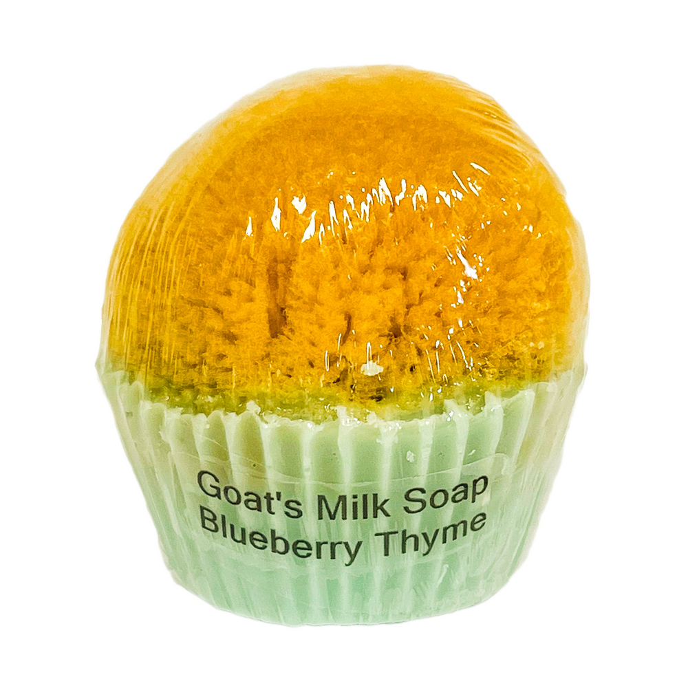 Gedemælkssæbe til cupcakes med indlejret havsvamp - blåbærtimian