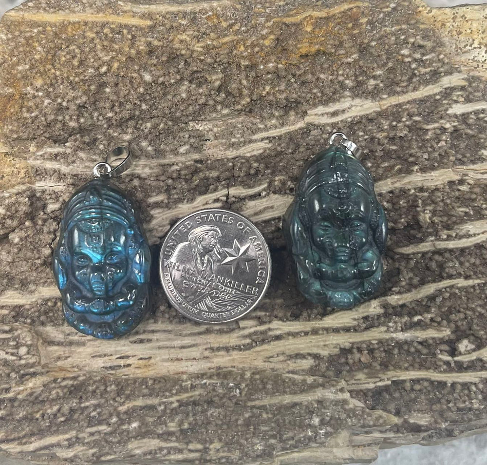 Labradorite, Praying Elephant Carved Pendant, 20x31mm (1pc)-1