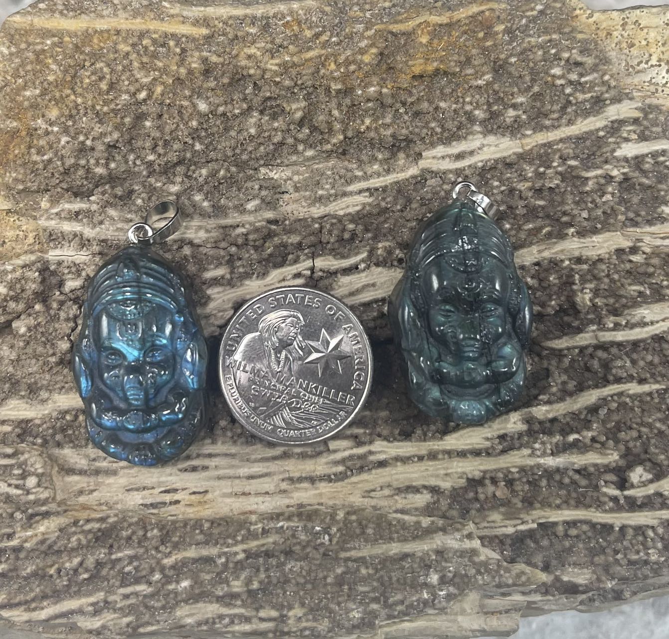 Labradorite, Praying Elephant Carved Pendant, 20x31mm (1pc)-1