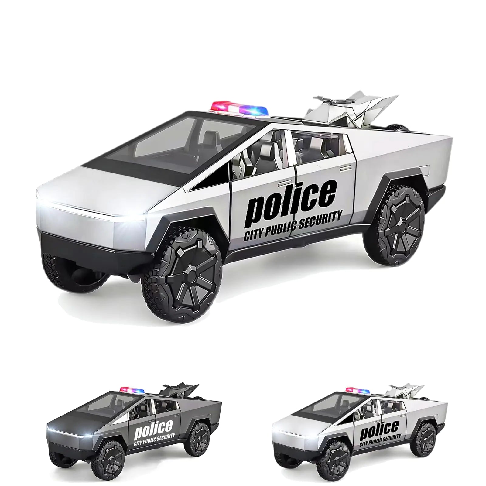 Cybertruck Toy Trucks Police Cars Cybertquad Alloy Die-cast Truck 1/32 Toy Cars Race with Sound and Light (Silver)