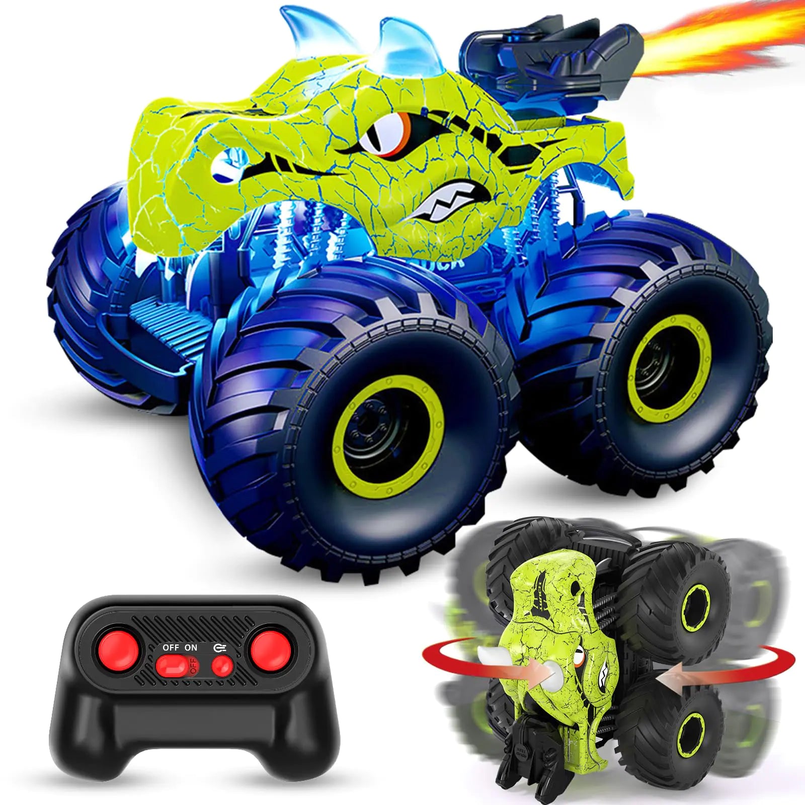 ScharkSpark Remote Control Car 2.4GHz Monster Trucks for Boys Girls with Light Sound & Spray Stunt Car Toys Gift for Kids 3 4 5 6 7 8 4WD All Terrain RC Cars for Toddlers with 2 Batteries