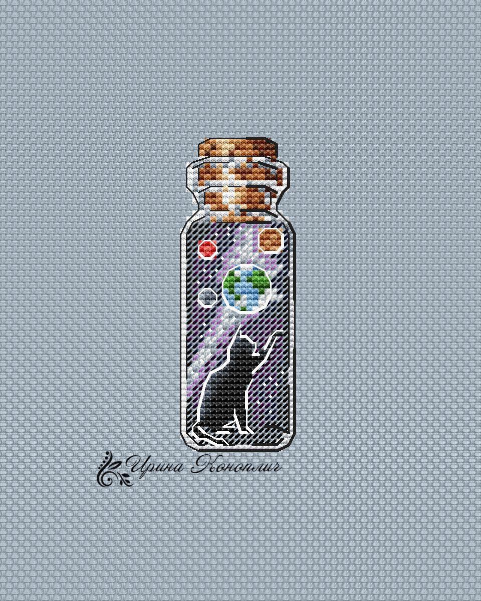 Space Cat Bottle on Plastic Canvas  - Kitten PDF Counted Cross Stitch Pattern