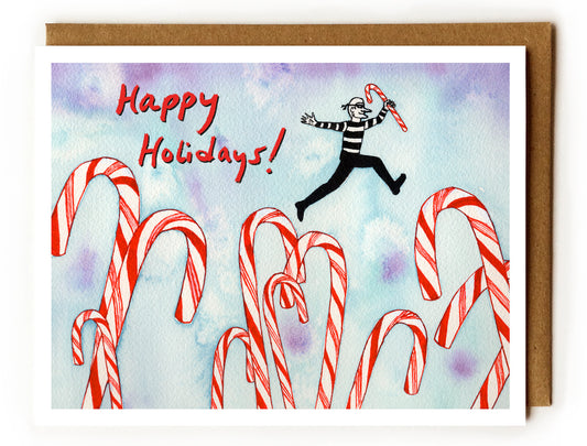 Holiday Burglar & Candy Canes - Blank Card